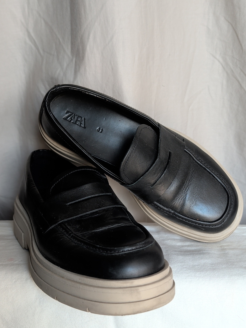 Zara Black Leather Loafers with Cream Platform
